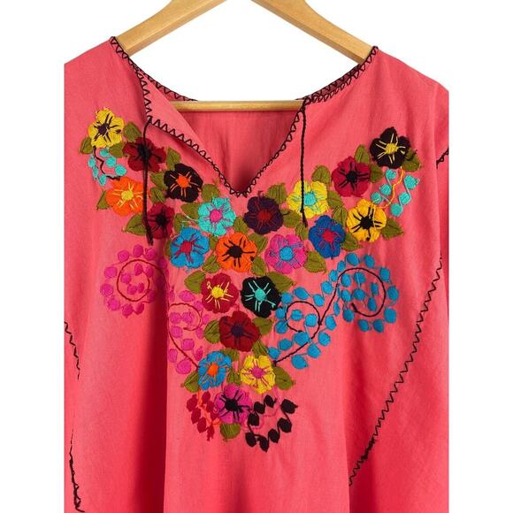 Women’s Handmade in Mexico Coral Short Sleeve with Rainbow Embroidery - Picture 1 of 3